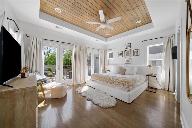 2123A 14th Ave N, Nashville, TN 37208 - bedroom featuring french doors, access to exterior, visible vents, wood ceiling, and a raised ceiling