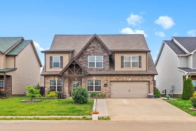 1438 Millet Dr, Clarksville, TN 37040 - craftsman house with concrete driveway, a front lawn, brick siding, an attached garage, and a shingled roof