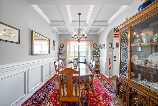 1438 Millet Dr, Clarksville, TN 37040 - dining room featuring coffered ceiling, a chandelier, beam ceiling, wainscoting, and a decorative wall