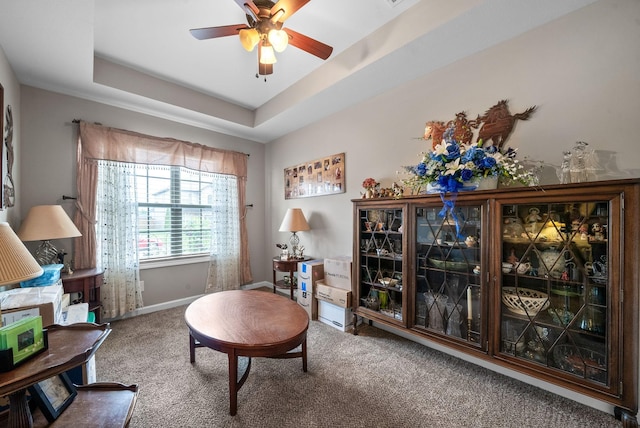 1438 Millet Dr, Clarksville, TN 37040 - sitting room featuring carpet floors, ceiling fan, baseboards, and a tray ceiling