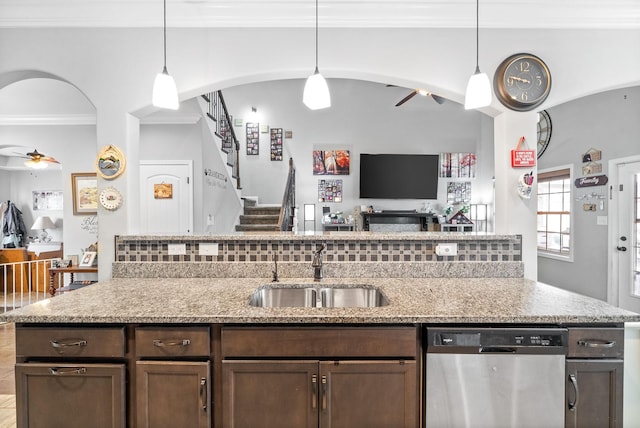 1438 Millet Dr, Clarksville, TN 37040 - kitchen featuring stainless steel dishwasher, a sink, ceiling fan, open floor plan, and ornamental molding