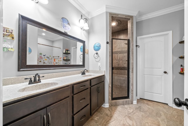 1438 Millet Dr, Clarksville, TN 37040 - bathroom with ornamental molding, a stall shower, and double vanity