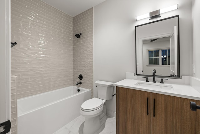 full bath featuring marble finish floor, toilet, vanity, and  shower combination