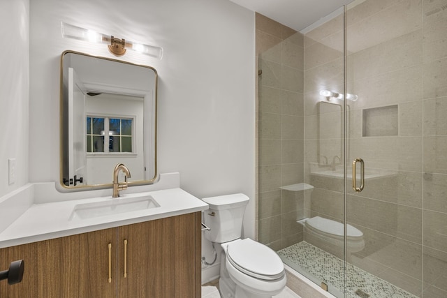 bathroom with a shower stall, toilet, and vanity