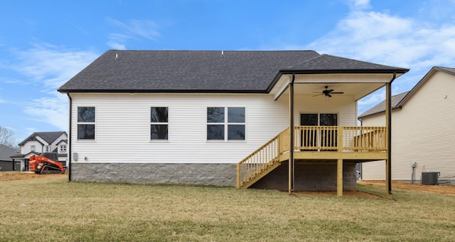 484 Herman Dr, Clarksville, TN 37042 - rear view of property featuring a ceiling fan, central AC unit, a lawn, roof with shingles, and a deck