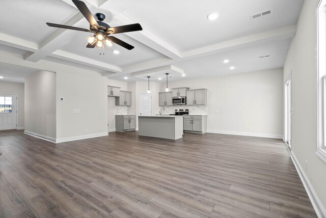 484 Herman Dr, Clarksville, TN 37042 - unfurnished living room featuring beamed ceiling, visible vents, ceiling fan, and recessed lighting
