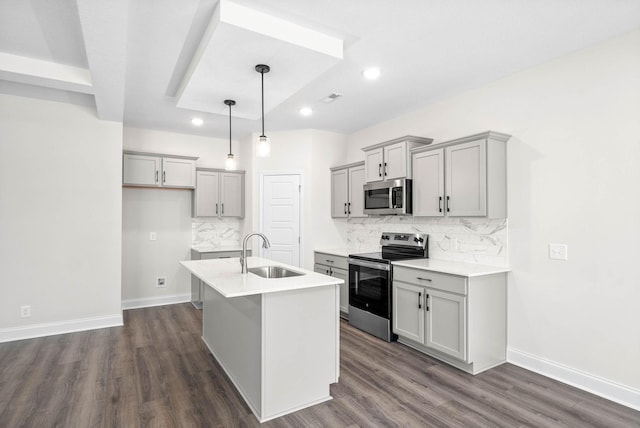 484 Herman Dr, Clarksville, TN 37042 - kitchen with a sink, dark wood-style flooring, decorative backsplash, gray cabinets, and appliances with stainless steel finishes