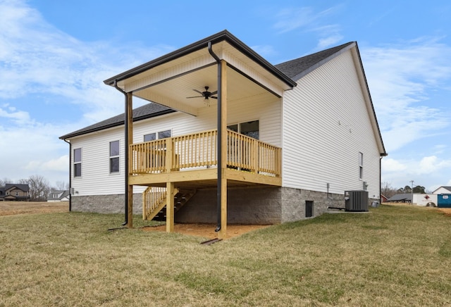 484 Herman Dr, Clarksville, TN 37042 - rear view of property featuring cooling unit, a wooden deck, a lawn, stairway, and ceiling fan