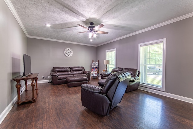 living room featuring a ceiling fan, baseboards, and dark wood-style flooring