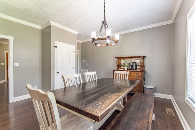 dining area featuring an inviting chandelier, visible vents, baseboards, a textured ceiling, and dark wood-style flooring