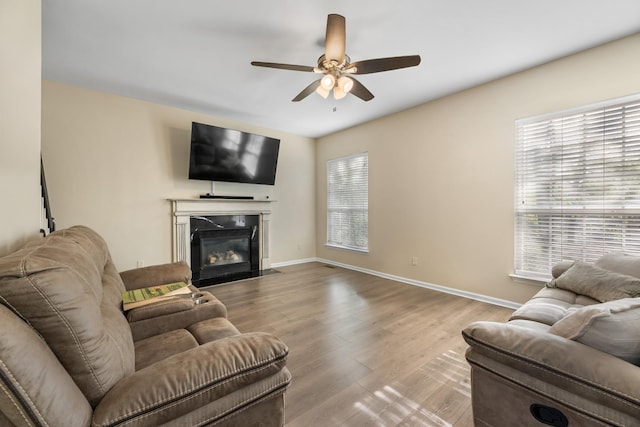 living room with a wealth of natural light, a ceiling fan, and wood finished floors