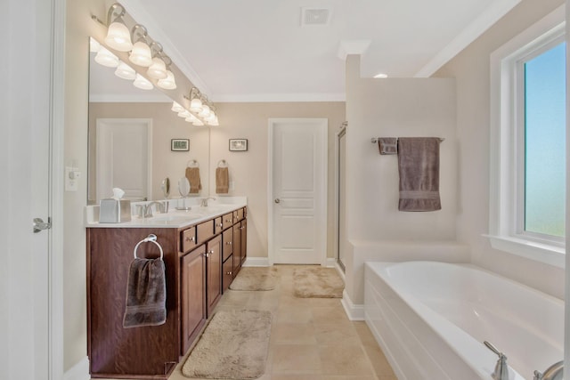 411 Valleyview Dr, Franklin, TN 37064 - full bathroom with a garden tub, ornamental molding, a sink, and double vanity