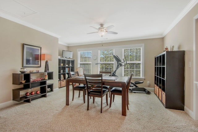 411 Valleyview Dr, Franklin, TN 37064 - dining room featuring a ceiling fan, light colored carpet, and ornamental molding