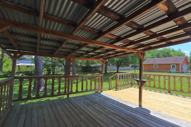 wooden deck featuring a fenced backyard and a lawn