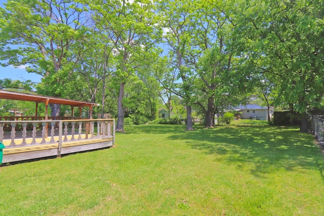 view of yard featuring fence and a wooden deck