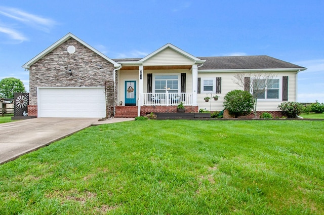 single story home with an attached garage, a porch, a front lawn, and driveway