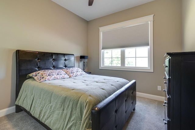 bedroom with carpet flooring, baseboards, and ceiling fan
