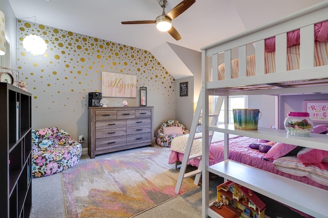 bedroom with vaulted ceiling, a ceiling fan, and carpet