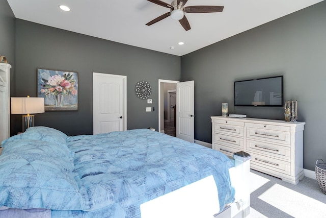 bedroom with baseboards, a ceiling fan, carpet floors, and recessed lighting