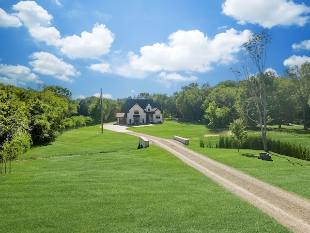 view of property's community with dirt driveway and a yard