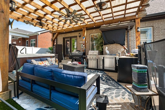 5000 Moretto Ct, Spring Hill, TN 37174 - view of patio featuring a pergola, exterior kitchen, ceiling fan, grilling area, and outdoor lounge area