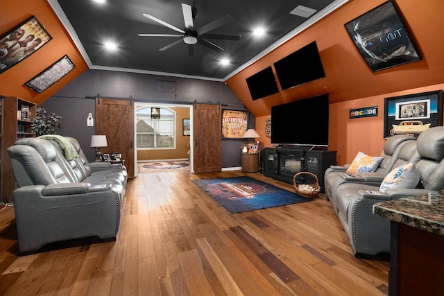 5000 Moretto Ct, Spring Hill, TN 37174 - living room with wood-type flooring, recessed lighting, a barn door, a ceiling fan, and vaulted ceiling