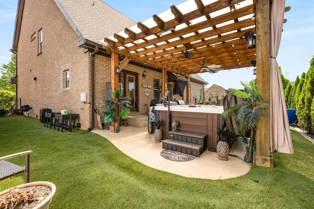 5000 Moretto Ct, Spring Hill, TN 37174 - rear view of property featuring a lawn, a patio area, a hot tub, brick siding, and a pergola