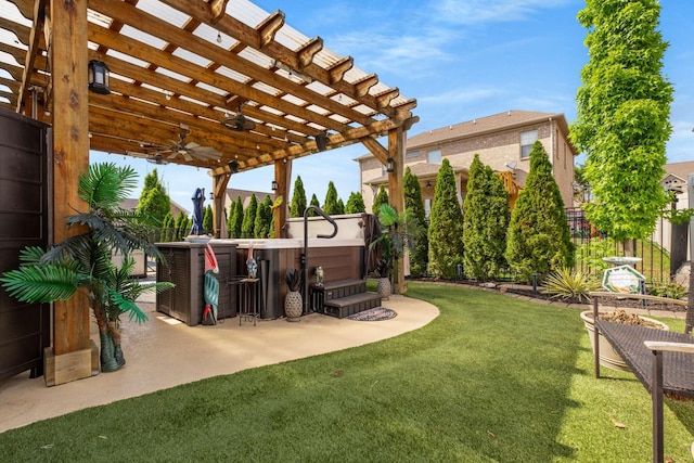 5000 Moretto Ct, Spring Hill, TN 37174 - view of yard featuring ceiling fan, a pergola, a patio, a fenced backyard, and a hot tub