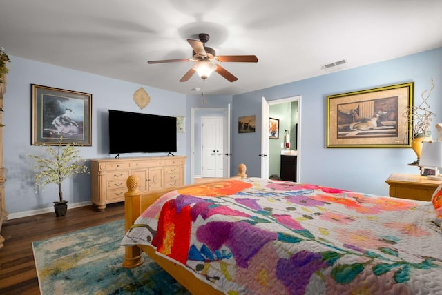 5000 Moretto Ct, Spring Hill, TN 37174 - bedroom with a ceiling fan, dark wood-style flooring, visible vents, baseboards, and ensuite bath