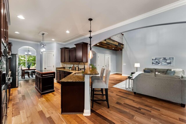 5000 Moretto Ct, Spring Hill, TN 37174 - kitchen featuring arched walkways, dark brown cabinets, light wood-type flooring, ornamental molding, and recessed lighting