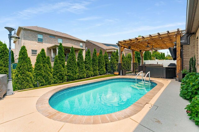 5000 Moretto Ct, Spring Hill, TN 37174 - view of pool featuring a ceiling fan, a pergola, a patio area, and a covered hot tub