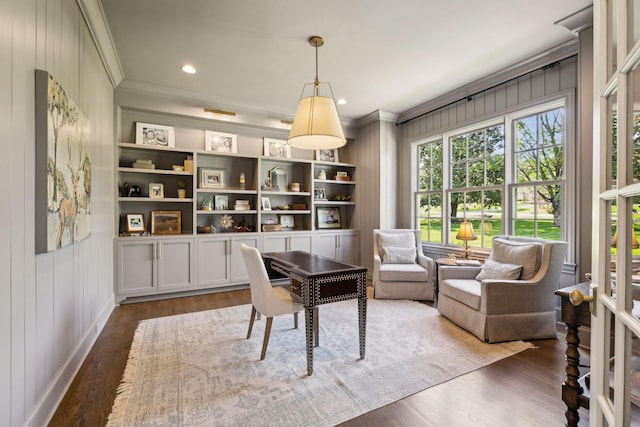 6124 Montcrest Dr, Nashville, TN 37215 - office area with a decorative wall, crown molding, wood finished floors, and recessed lighting