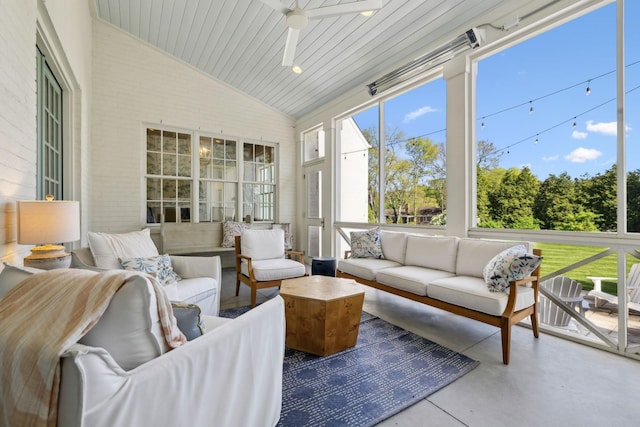 6124 Montcrest Dr, Nashville, TN 37215 - sunroom / solarium featuring high vaulted ceiling, ceiling fan, an outdoor hangout area, and finished concrete flooring