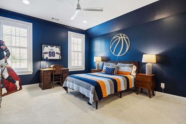 6124 Montcrest Dr, Nashville, TN 37215 - carpeted bedroom with recessed lighting, visible vents, a ceiling fan, ornamental molding, and baseboards