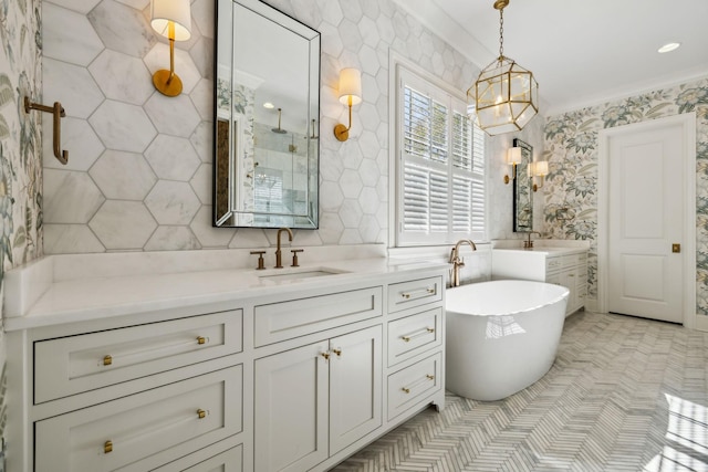 6124 Montcrest Dr, Nashville, TN 37215 - bathroom featuring a freestanding bath, a tile shower, a chandelier, and vanity