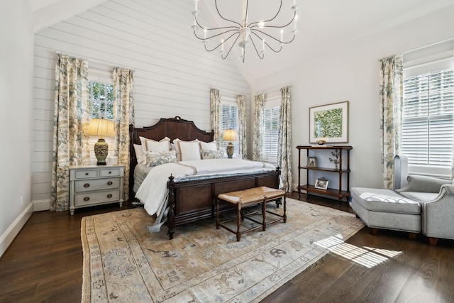 6124 Montcrest Dr, Nashville, TN 37215 - bedroom with baseboards, vaulted ceiling, wood finished floors, and a notable chandelier