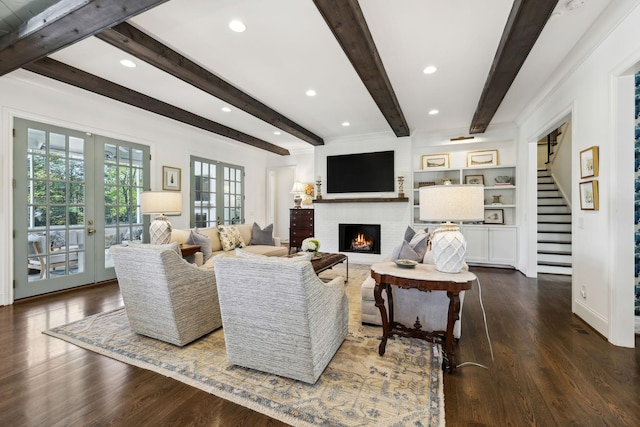 6124 Montcrest Dr, Nashville, TN 37215 - living room featuring wood finished floors, stairs, french doors, beamed ceiling, and a fireplace