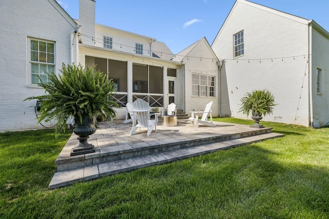 6124 Montcrest Dr, Nashville, TN 37215 - rear view of property with a patio area, a lawn, a chimney, and brick siding