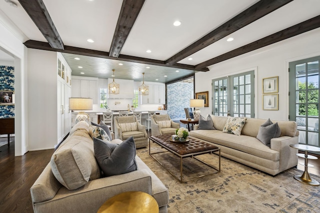 6124 Montcrest Dr, Nashville, TN 37215 - living room with beamed ceiling, baseboards, dark wood-style flooring, and recessed lighting