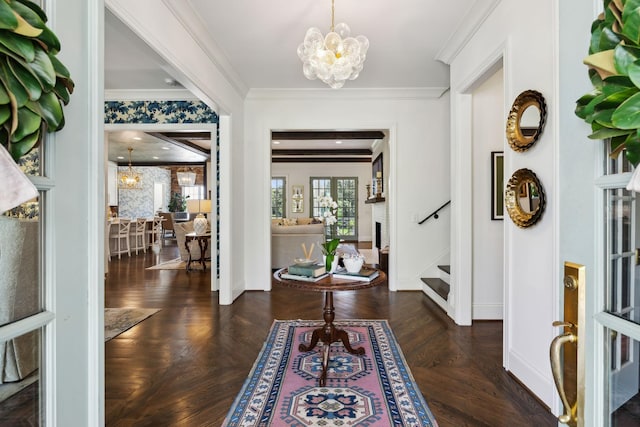 6124 Montcrest Dr, Nashville, TN 37215 - entrance foyer with stairway, baseboards, crown molding, and a chandelier