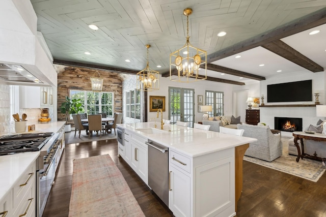 6124 Montcrest Dr, Nashville, TN 37215 - kitchen featuring stainless steel dishwasher, a sink, custom exhaust hood, light countertops, and a fireplace