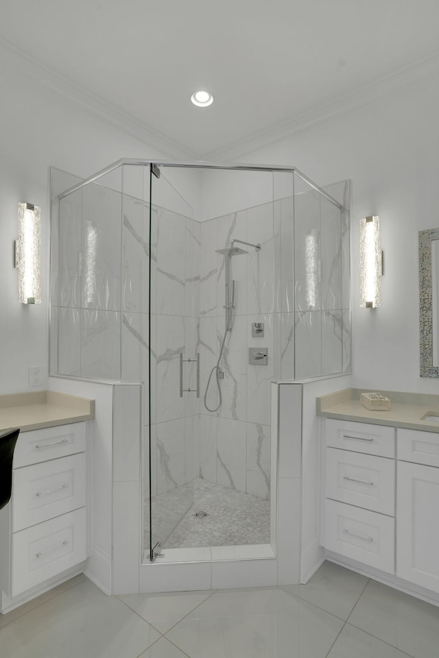 1024 Club View Dr Unit A101, Gallatin, TN 37066 - bathroom with tile patterned floors, a marble finish shower, vanity, ornamental molding, and recessed lighting