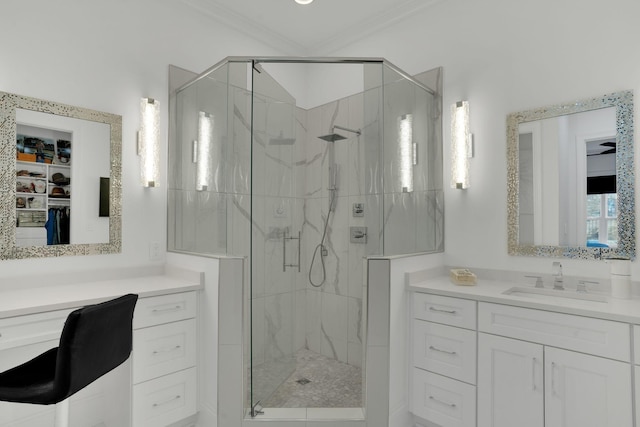 1024 Club View Dr Unit A101, Gallatin, TN 37066 - bathroom featuring a walk in closet, crown molding, vanity, and a marble finish shower