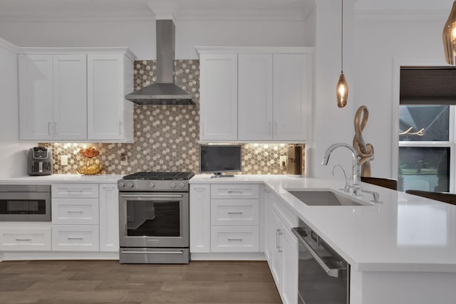 1024 Club View Dr Unit A101, Gallatin, TN 37066 - kitchen featuring light countertops, a sink, wall chimney exhaust hood, crown molding, and appliances with stainless steel finishes