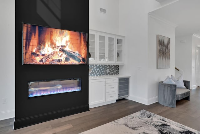 1024 Club View Dr Unit A101, Gallatin, TN 37066 - interior space featuring a glass covered fireplace, beverage cooler, dark wood finished floors, ornamental molding, and visible vents