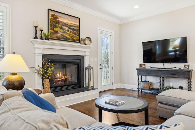 living room with crown molding, a glass covered fireplace, wood finished floors, and plenty of natural light