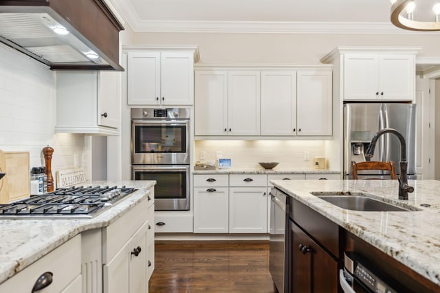kitchen featuring ventilation hood, a sink, white cabinetry, and appliances with stainless steel finishes