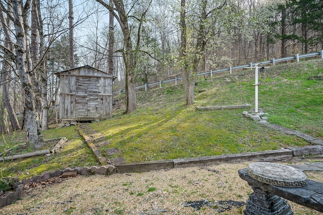 237 Cooper Ln, Smithville, TN 37166 - view of yard with an outdoor structure, a storage unit, and fence