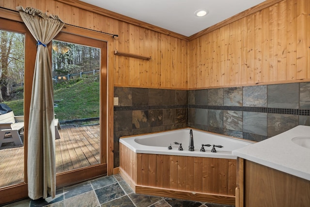 237 Cooper Ln, Smithville, TN 37166 - full bathroom featuring a bath, recessed lighting, stone finish floor, crown molding, and wooden walls