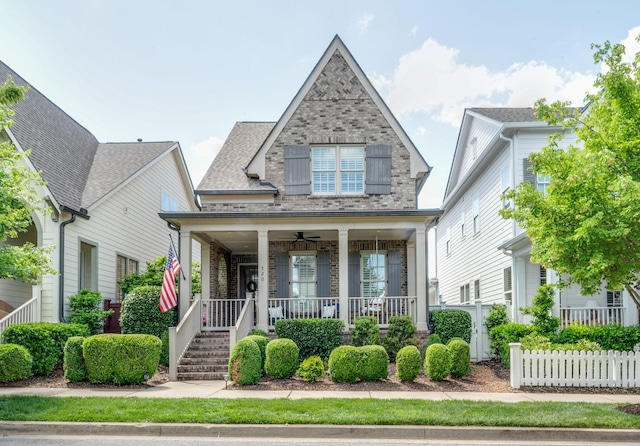 720 Shelley Ln, Franklin, TN 37064 - view of front of home featuring a porch, brick siding, fence, and ceiling fan